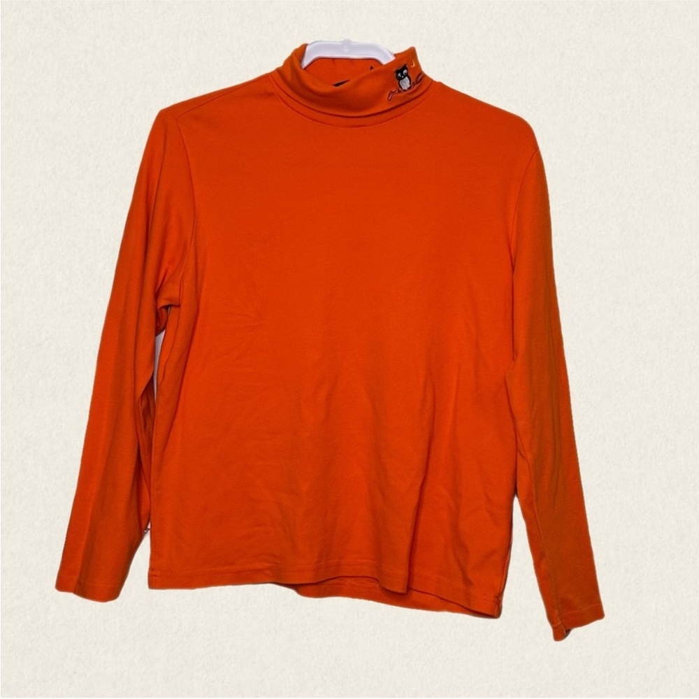 Holiday Editions Long Sleeve Orange Turtleneck Halloween Embroidered Owl Shirt.